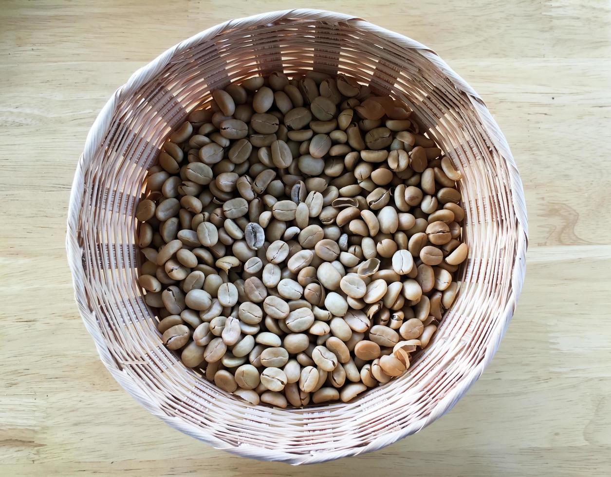 Organic asian coffee bean on wicker basket. photo