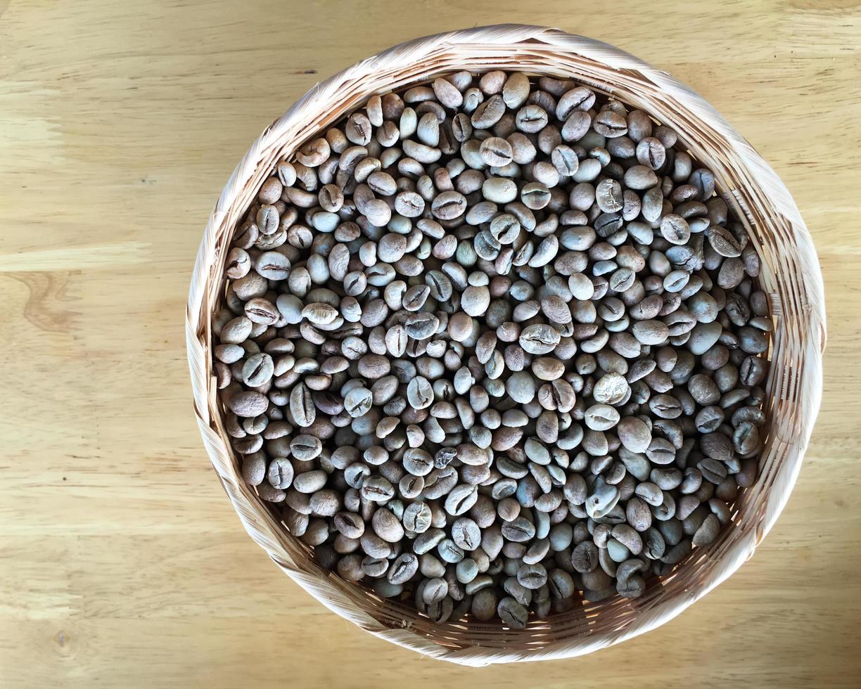 Organic asian coffee bean on wicker basket. photo