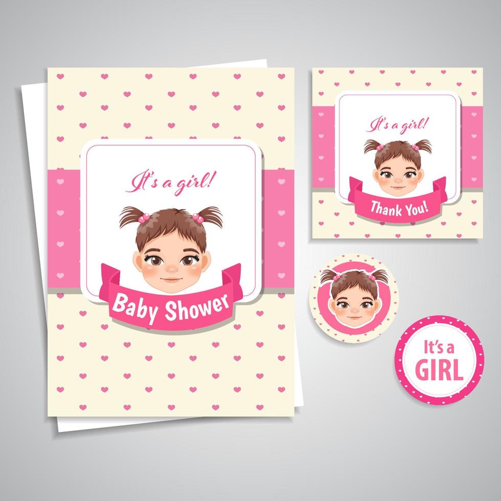 Baby Shower Girl Theme Invitation Template, Baby Girl Face Cartoon Character Design Vector