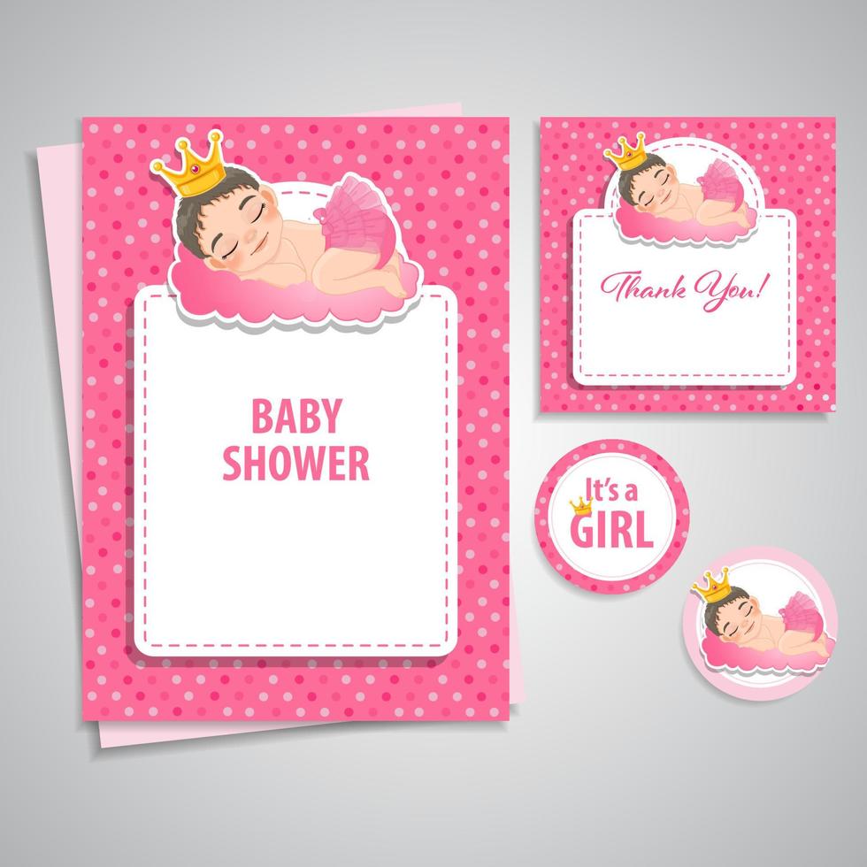 Baby Shower Girl Theme Invitation Template, Baby Girl Sleeping Cartoon Character Design Vector
