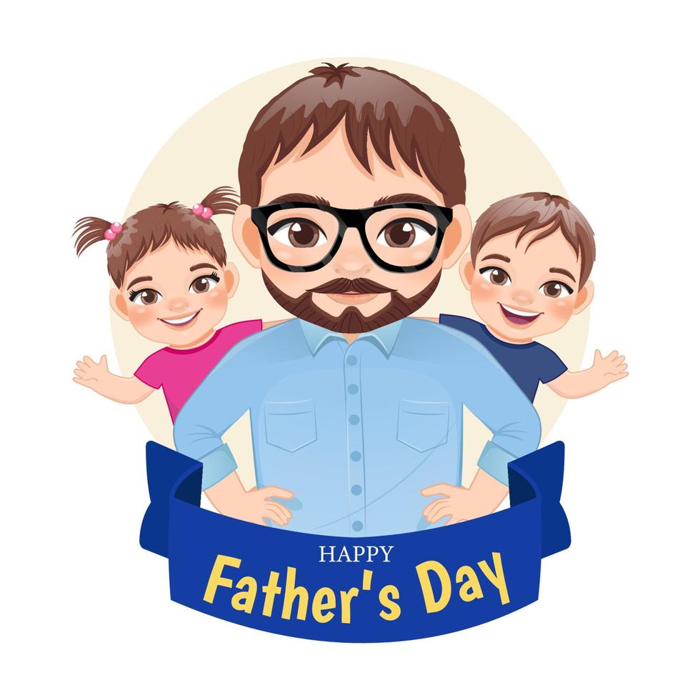 padre feliz con un hijo y un vector de personaje de dibujos animados de hija. diseño de plantilla de tarjeta de feliz día del padre