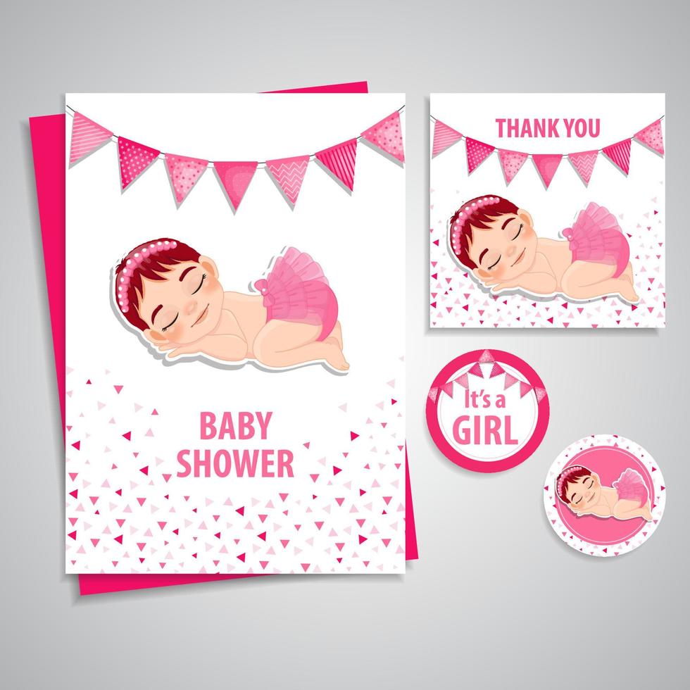 Baby Shower Girl Theme Invitation Template, Baby Girl Sleeping Cartoon Character Design Vector