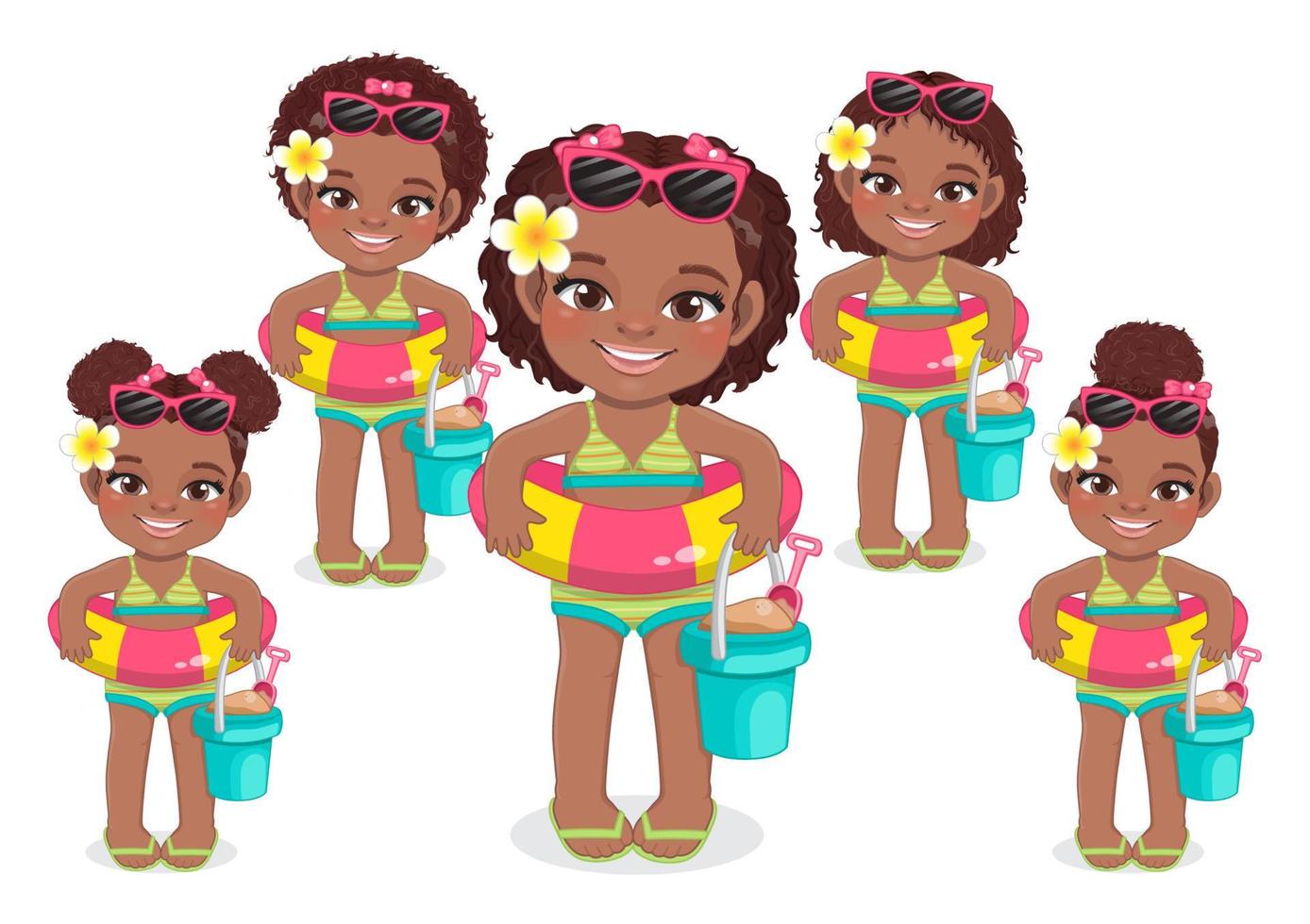 Beach black girl in summer holiday.  American African kids holding rubber ring cartoon character design vector