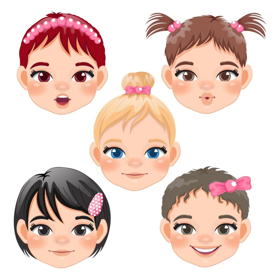 Cute Baby Girl Face Collection Cartoon Character Vector