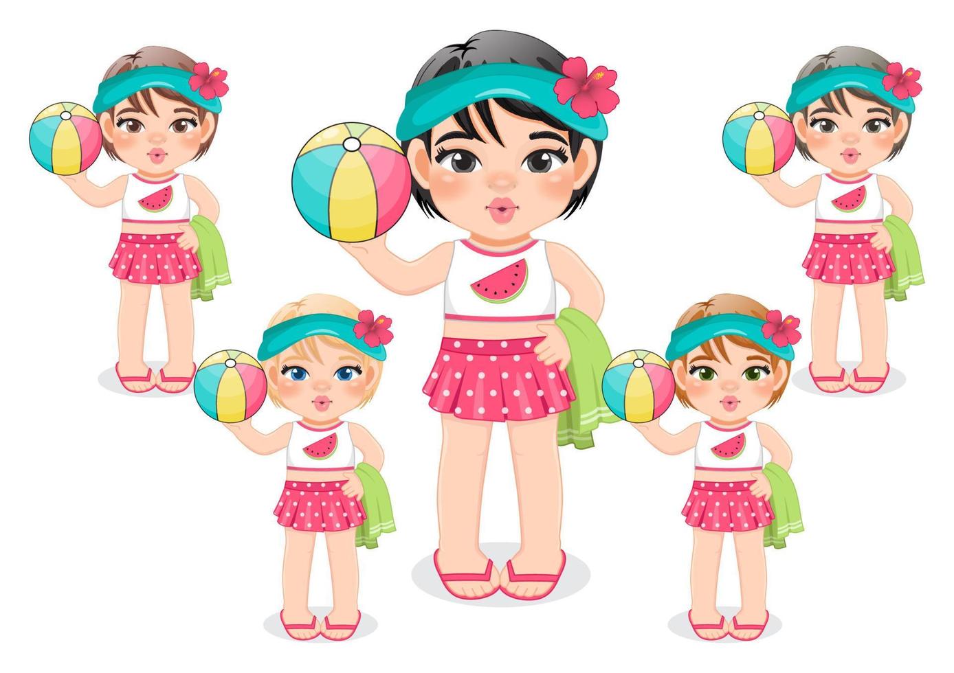Beach girl in summer holiday. Kids holding colorful ball cartoon character design vector