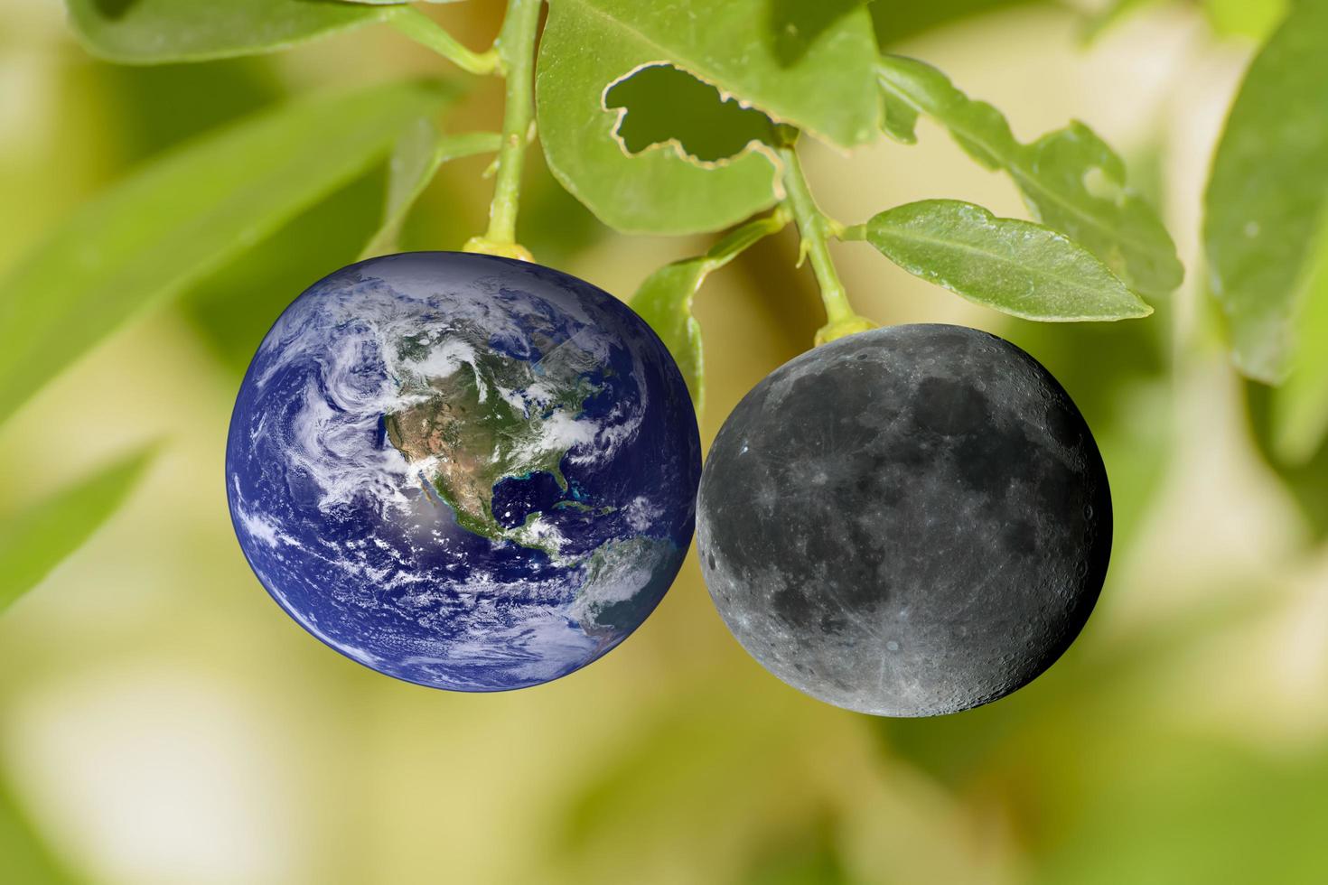 The world and moon in orange. Elements of the furnished by NASA. photo