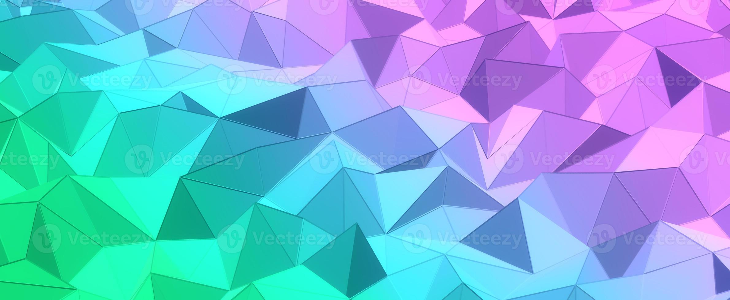 Purple crystal hills with blue gradient background. Geometric green polygon with 3d render mesh. Triangular digital textures stacked in creative formations with futuristic interior photo