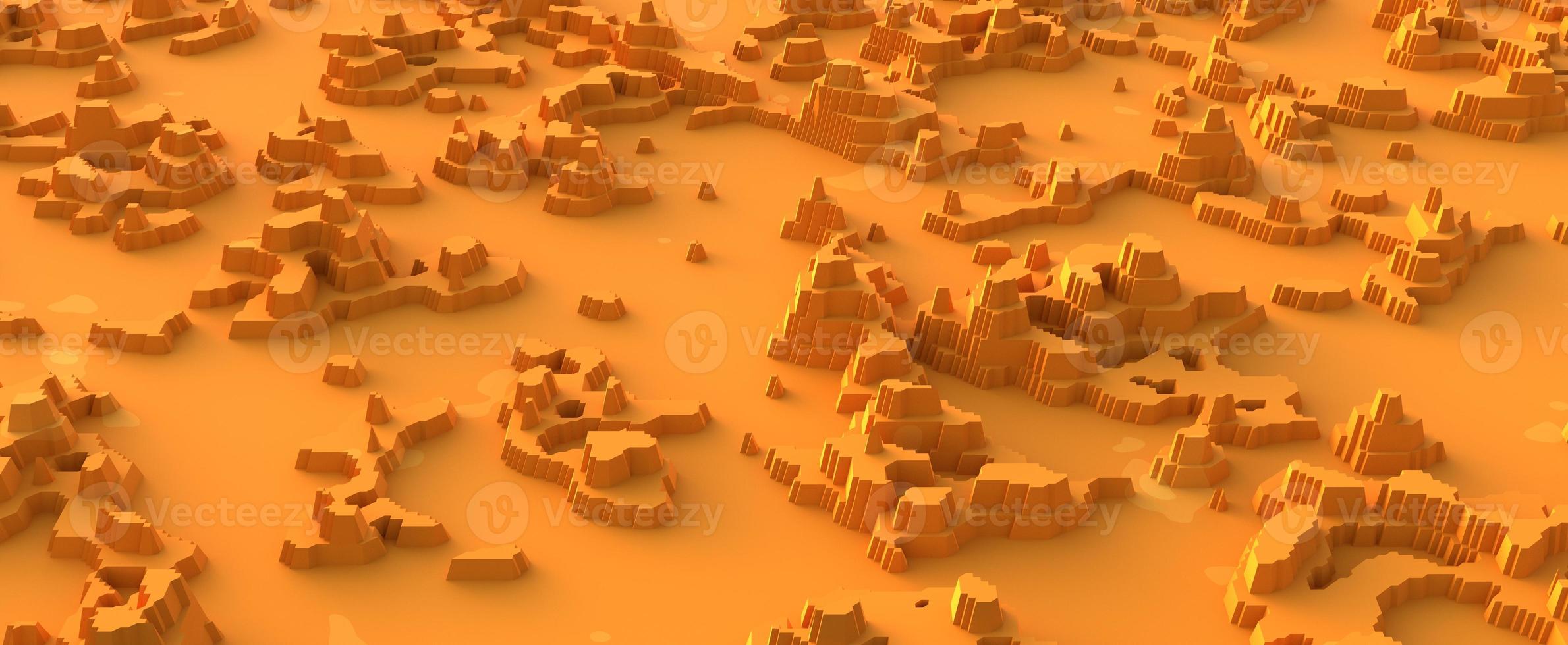 Desert mountain landscape cut out of paper. Yellow hot sandy surface with 3d render stone massifs and dried oases. Natural abstraction of canyons and scattered hills in desert photo