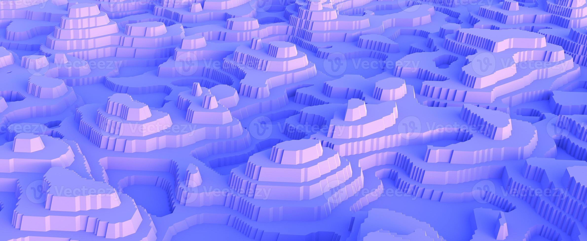 Ice mountains with canyons cut out of paper. Arctic snow covered hills illuminated by 3d render rays of sun. Mountainous icy desert with blue relief massifs photo