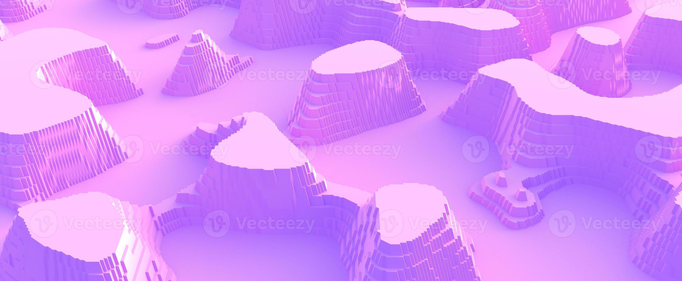 Pink mountain canyons cut out of paper. Abstract formations in gentle purple light of sunrise with 3d render of stone massifs. Marshmallow desert mountains and valleys in nature reserve photo