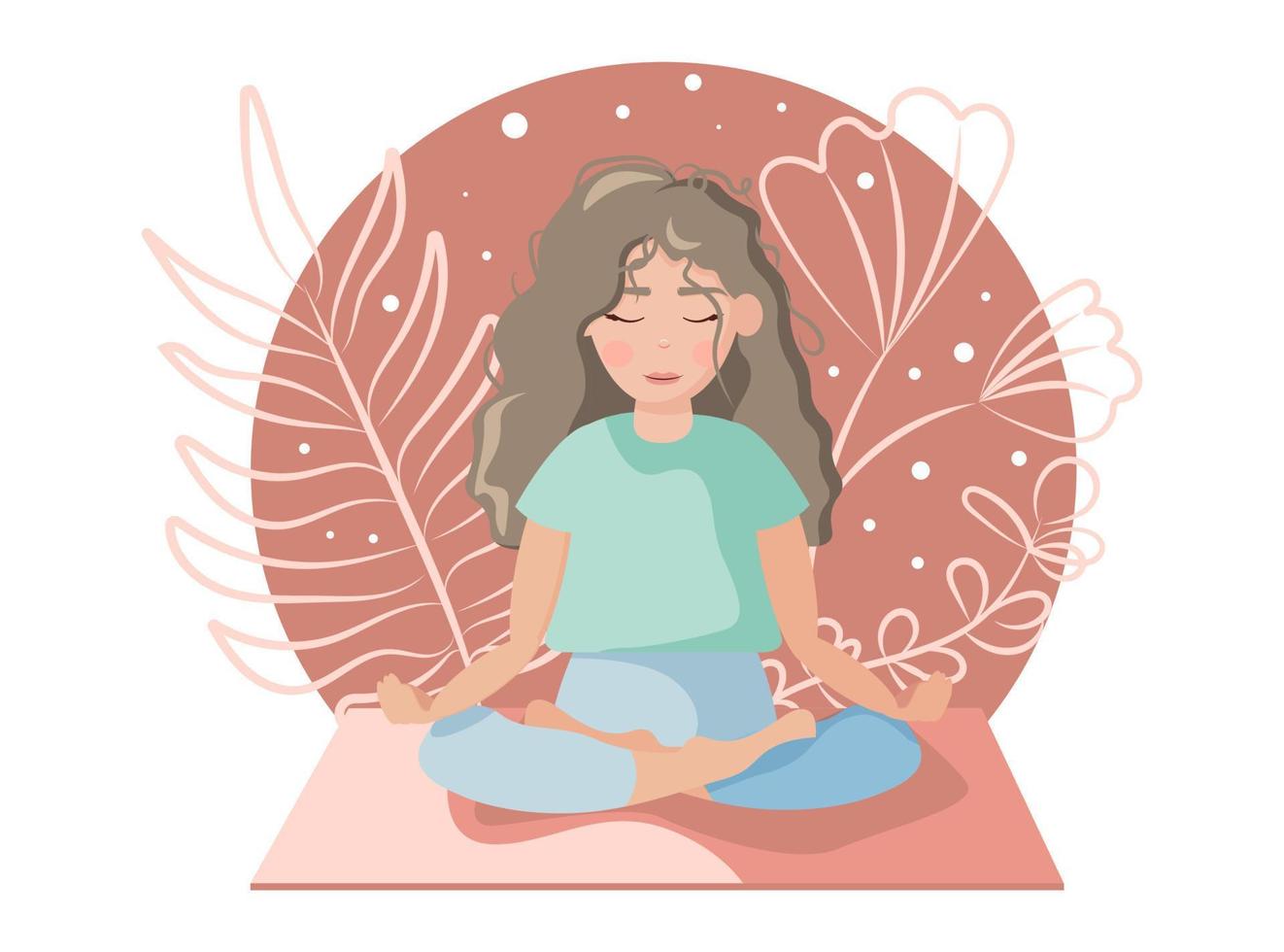 International Yoga Day hand-drawn flat illustration in boho style. A beautiful girl is sitting in a lotus position in tropical plant silhouettes. vector