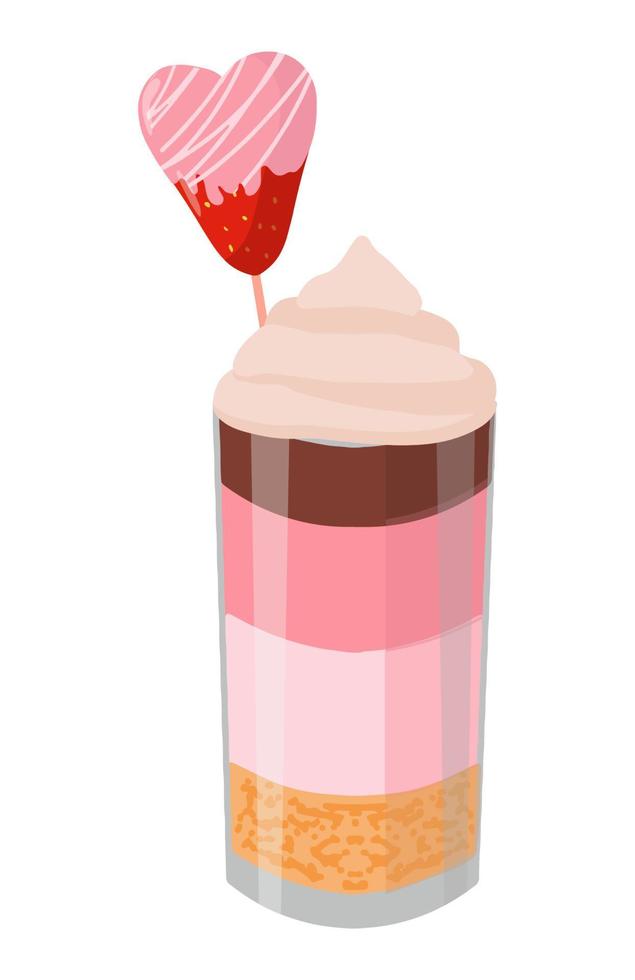 Delicious pastry cake in a glass with juicy strawberries in chocolate glaze vector