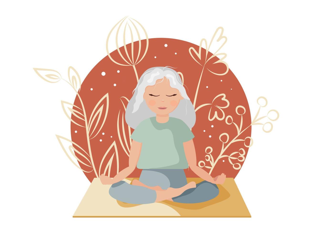 ilustración plana dibujada a mano del día internacional del yoga en estilo boho. una hermosa chica está sentada en una posición de loto en siluetas de plantas tropicales. vector