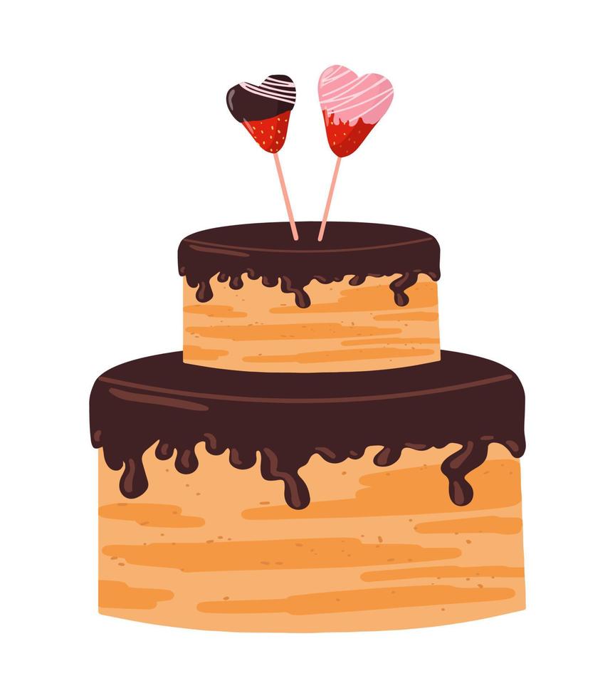 Delicious pastry sponge cake with juicy strawberries in chocolate glaze vector