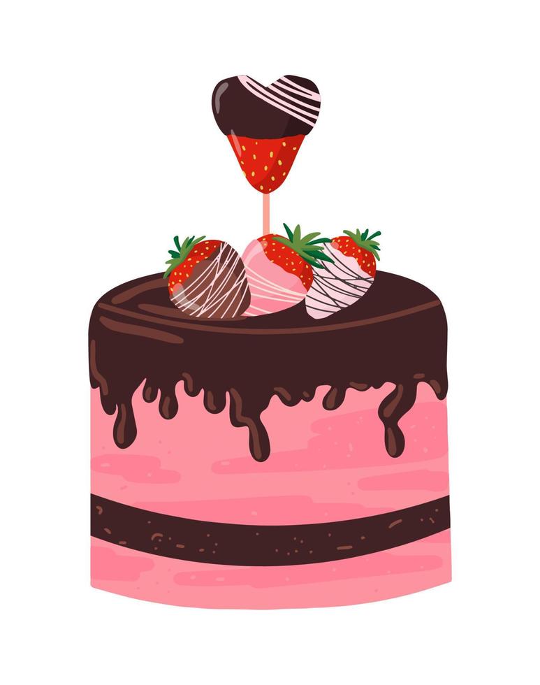Delicious pastry sponge cake with juicy strawberries in chocolate glaze vector