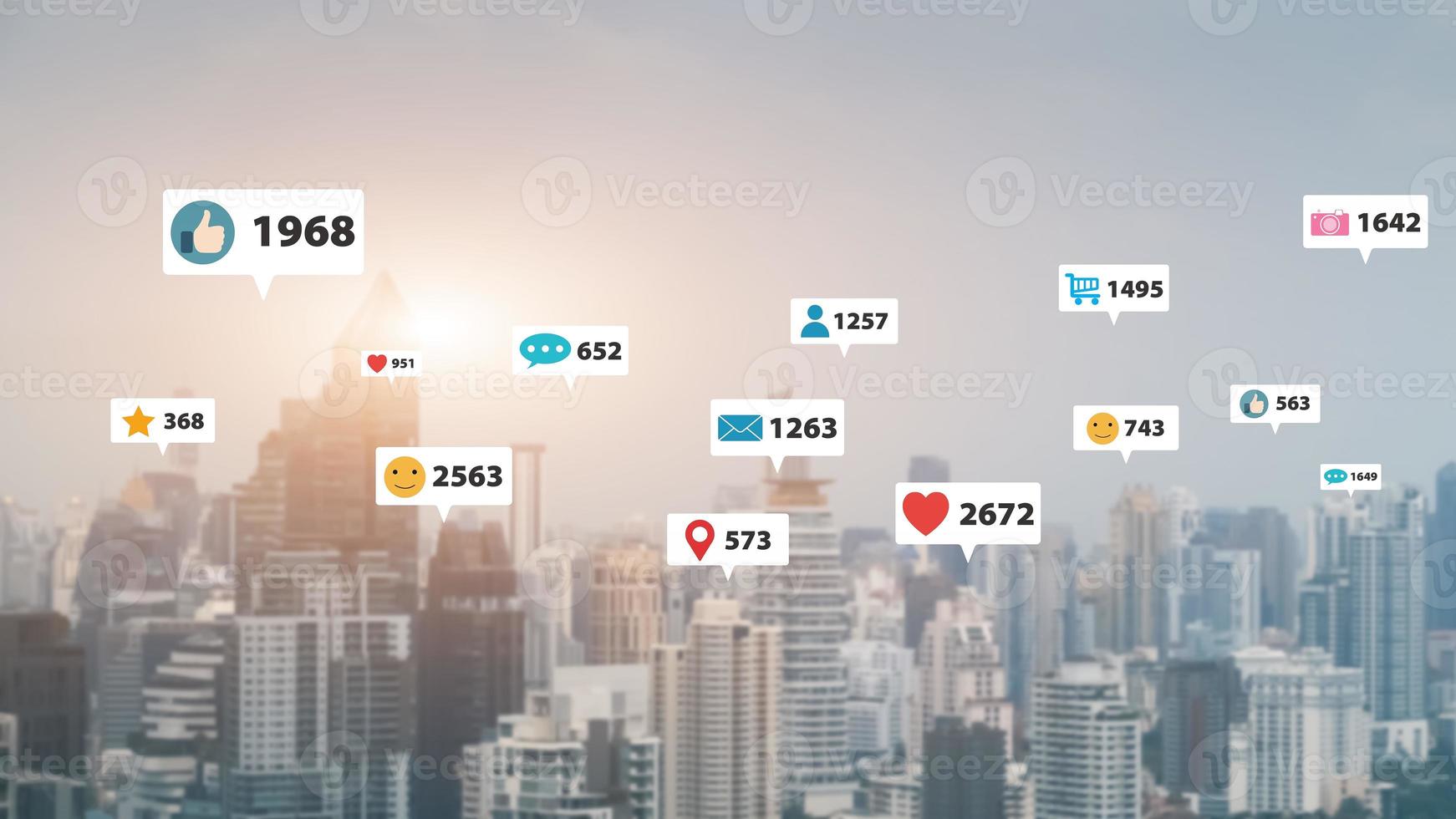 Social media icons fly over the city showing the connection of people through the social network app platform ideas for online communities and social media marketing strategies. photo