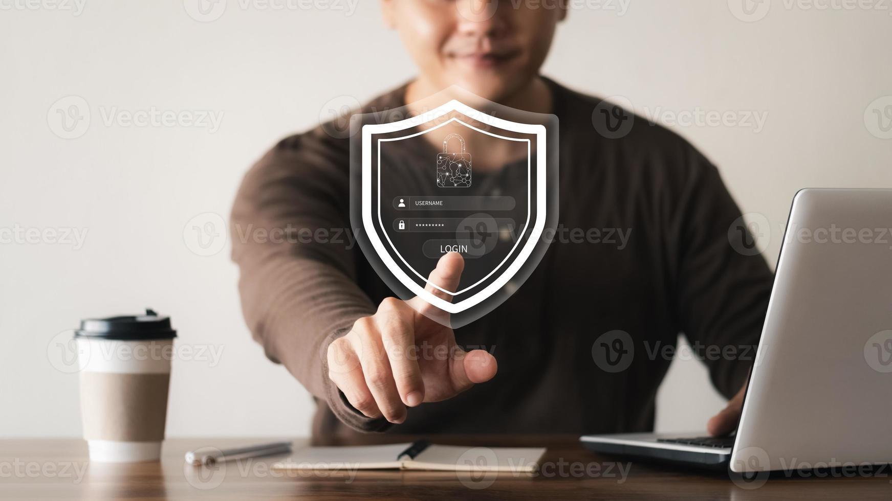 Cybersecurity and privacy concepts to protect data. Lock icon and internet network security technology. Businessmen protecting personal data on tablets and virtual interfaces. photo