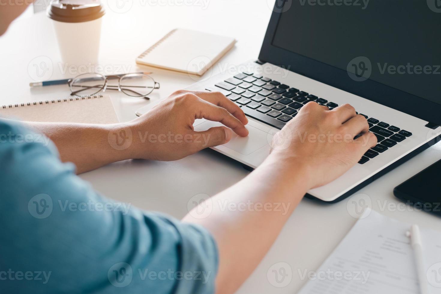 E-learning, online study concept. Student studying online class via laptop computer. photo