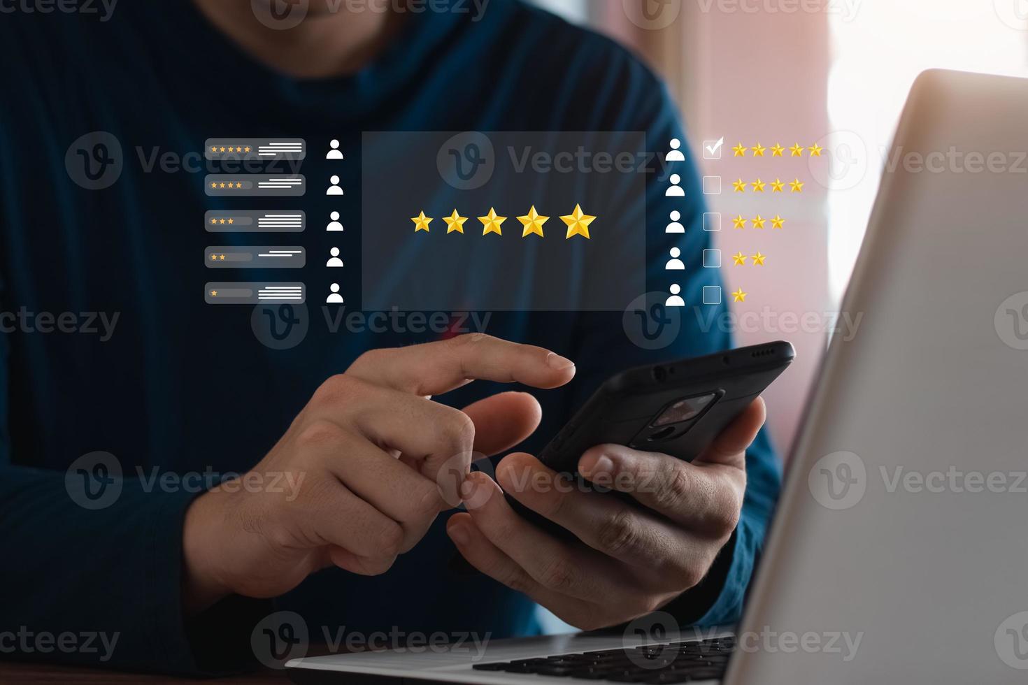 User give rating to service experience on online application, Customer review satisfaction feedback survey concept, Customer can evaluate quality of service leading to reputation ranking of business. photo