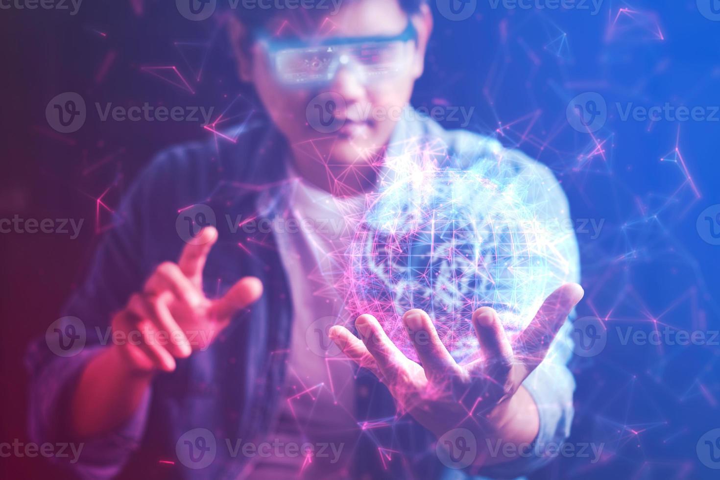 The metaverse universe, Man wearing augmented reality on virtual screen future technology, The real world with the virtual world overlapped, transformed into the virtual world. photo