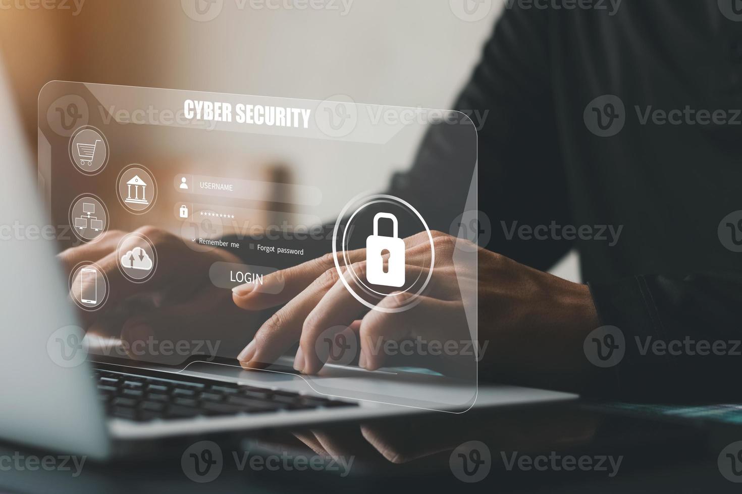 concepto de seguridad cibernética, inicio de sesión de tipo de usuario y contraseña, mantener seguros los datos personales del usuario, cifrado, acceso seguro a Internet, seguridad cibernética. foto