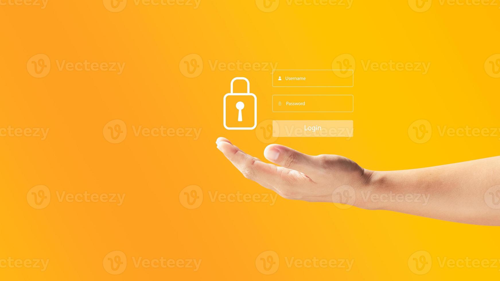 Man hand holding username and password padlock icon, cyber security, secure internet access, secure access to users personal data, concept privacy protection privacy , banner. photo