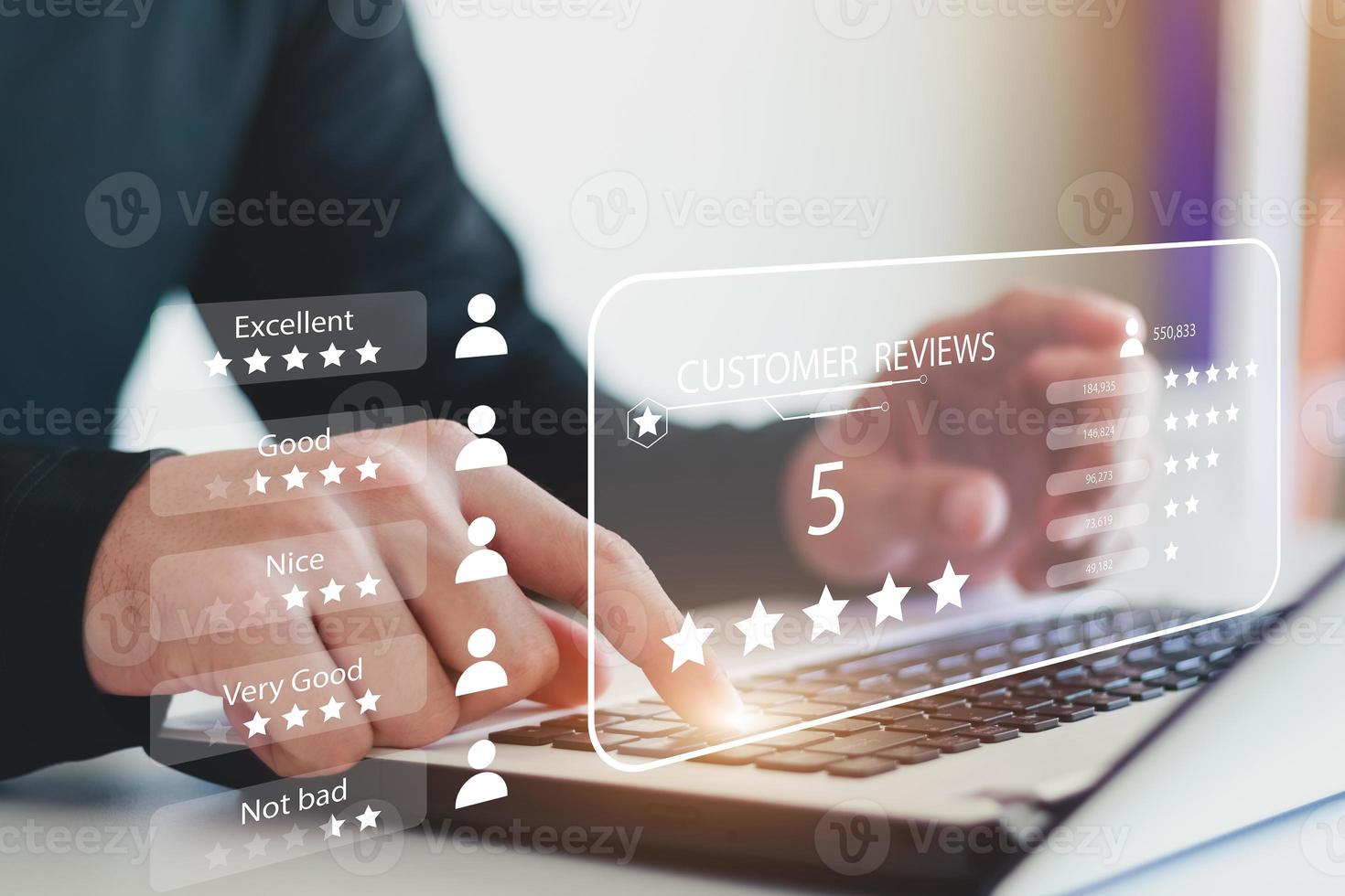 User give rating to service experience on online application, Customer review satisfaction feedback survey concept, Customer can evaluate quality of service leading to reputation ranking of business. photo