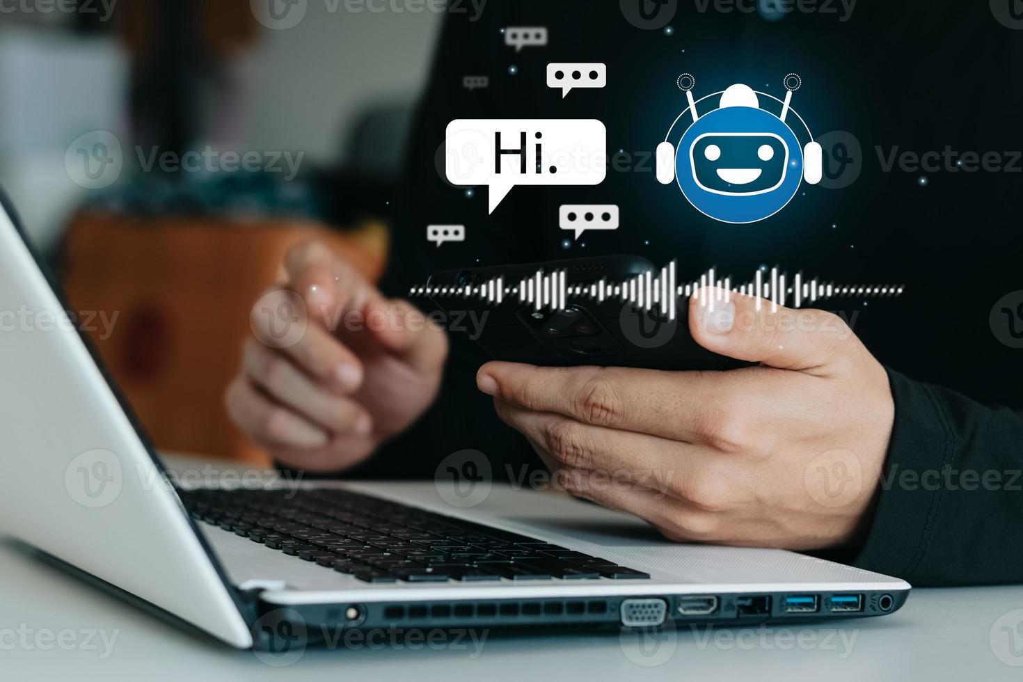 los hombres de negocios usan bolas de chat en teléfonos móviles para obtener acceso a información y datos de red, aplicaciones de robots y conectividad global, inteligencia artificial, innovación y tecnología. foto