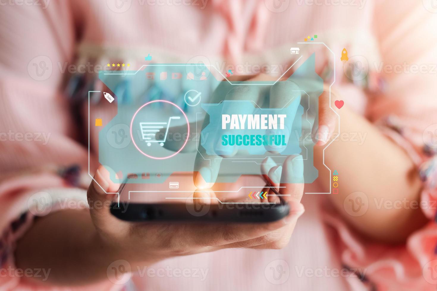 The idea of transferring money through banking and e-commerce, men pay and buy things with apps on smartphones, pay cell phones with technology, app, wallet. photo