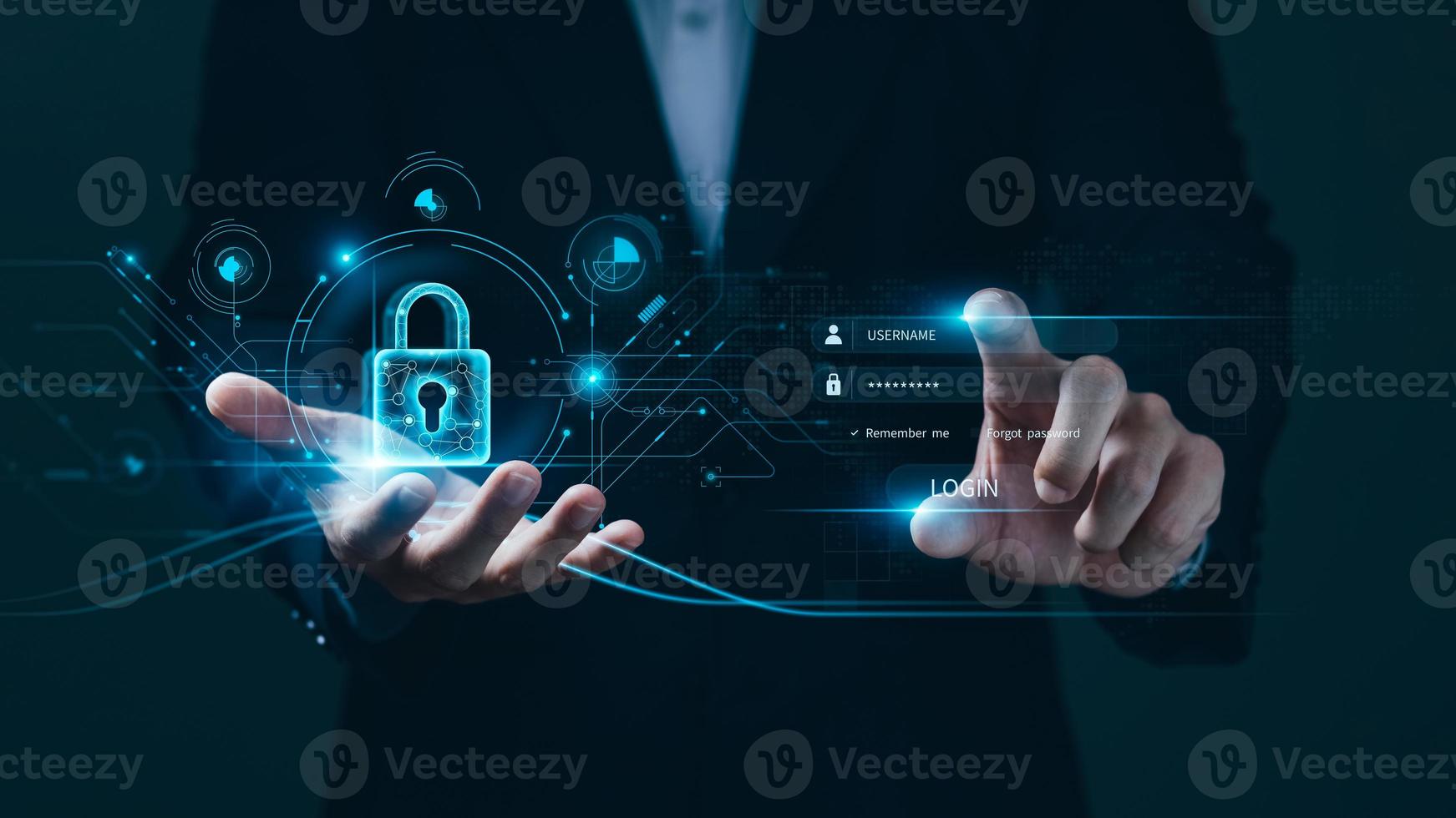 Cybersecurity data protection. Businessman holding padlock protect business financial and virtual cyber network connections. development of intelligent technology innovations from digital attacks. photo