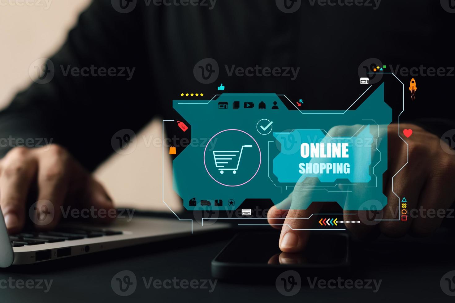 The idea of transferring money through banking and e-commerce, men pay and buy things with apps on smartphones, pay cell phones with technology, app, wallet. photo