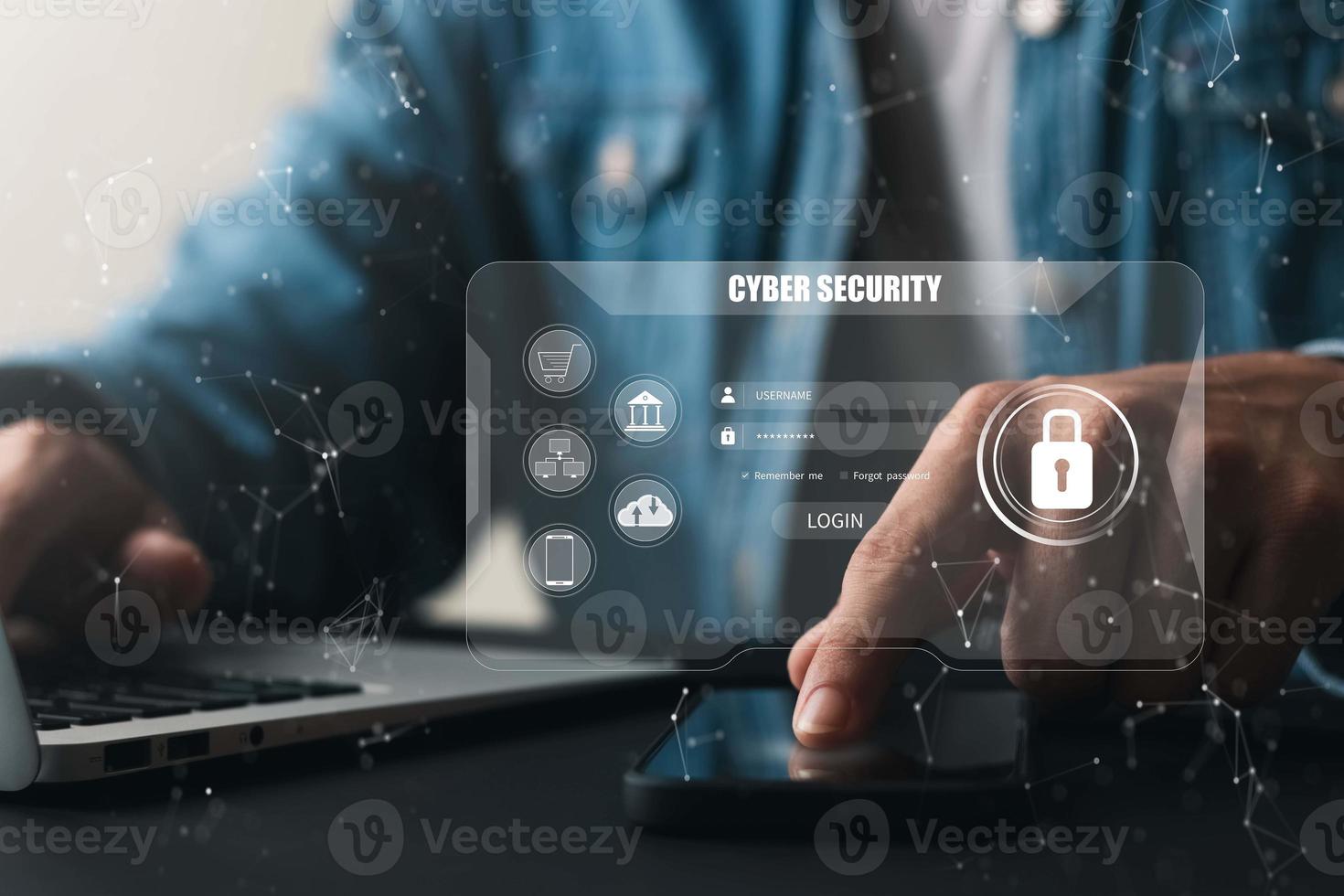 Concept of cyber security, user type login, and password, keeping user personal data safe, encryption, secure internet access, cyber security. photo