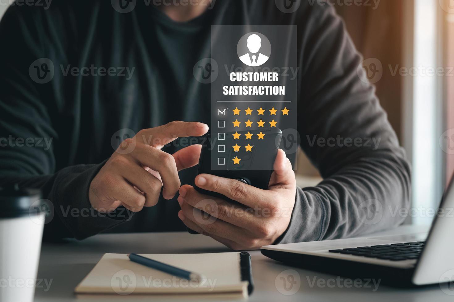 User give rating to service experience on online application, Customer review satisfaction feedback survey concept, Customer can evaluate quality of service leading to reputation ranking of business. photo