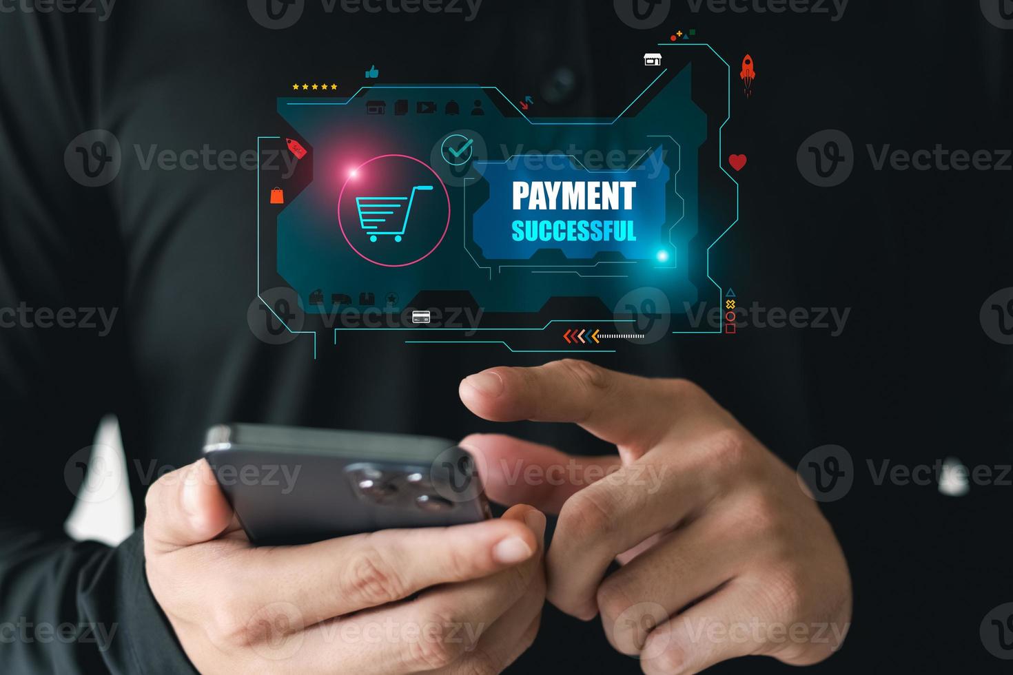 The idea of transferring money through banking and e-commerce, men pay and buy things with apps on smartphones, pay cell phones with technology, app, wallet. photo