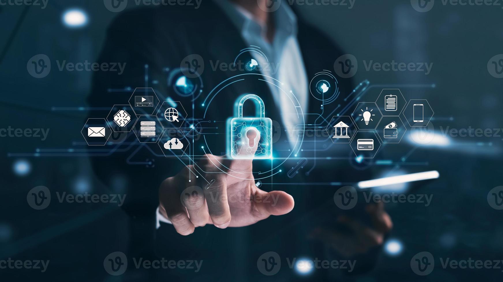 Cybersecurity and privacy concepts to protect data. Lock icon and internet network security technology. Businessmen protecting personal data on tablets and virtual interfaces. photo