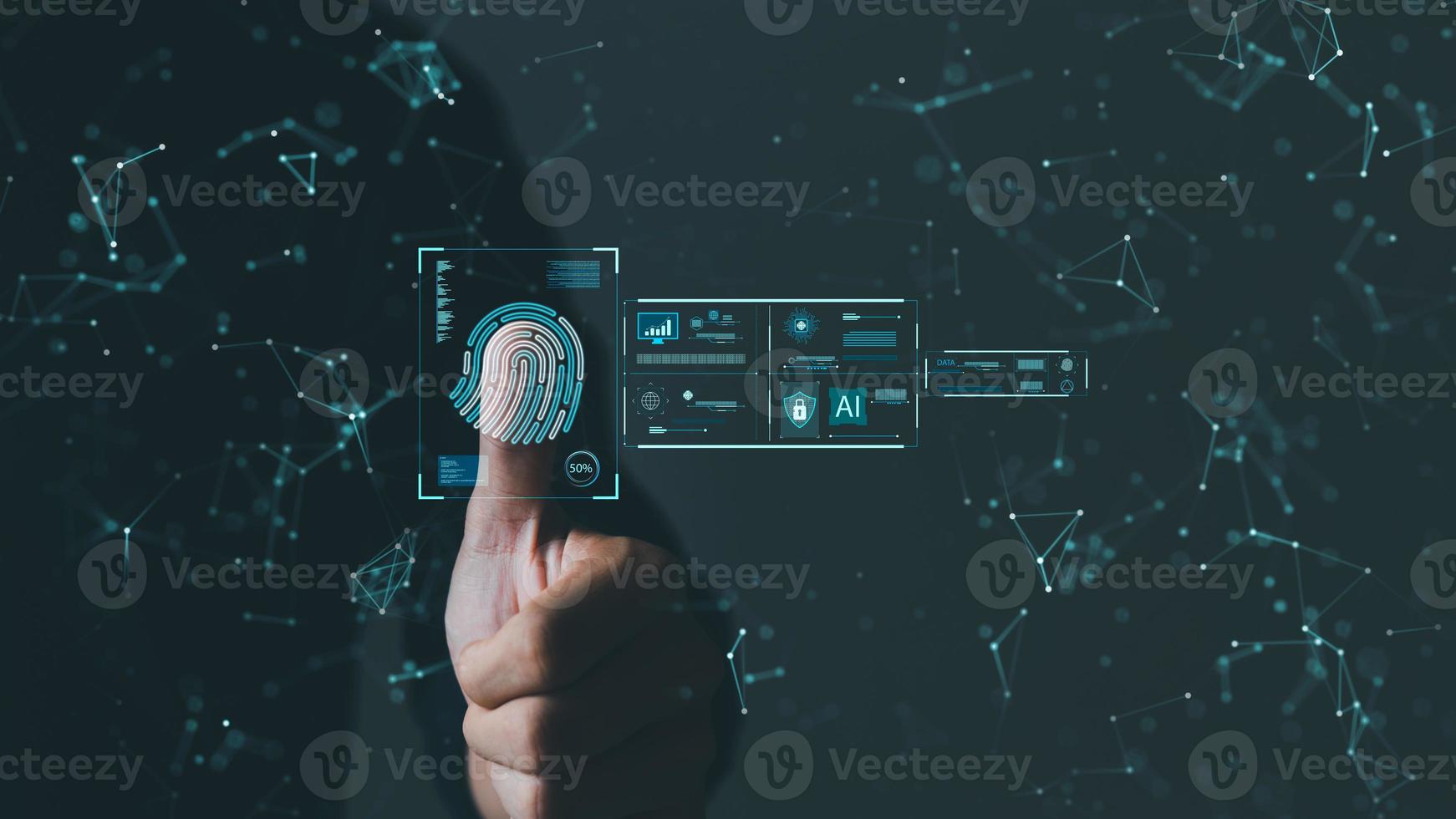 Security of future technology and Cybernetics on the Internet, finger scanning allows access to security and identification of big Data businesses, bank and Cloud Computers,AI. photo