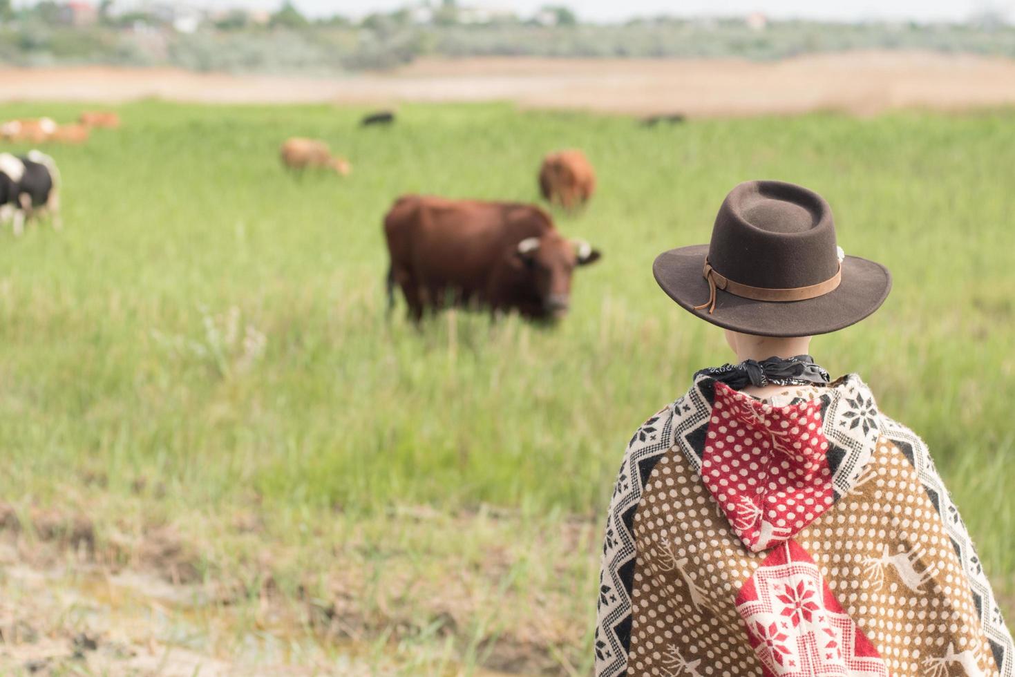 mujer joven, viajero, en, poncho, y, sombrero, paseo, en, el, campo, y, granja foto