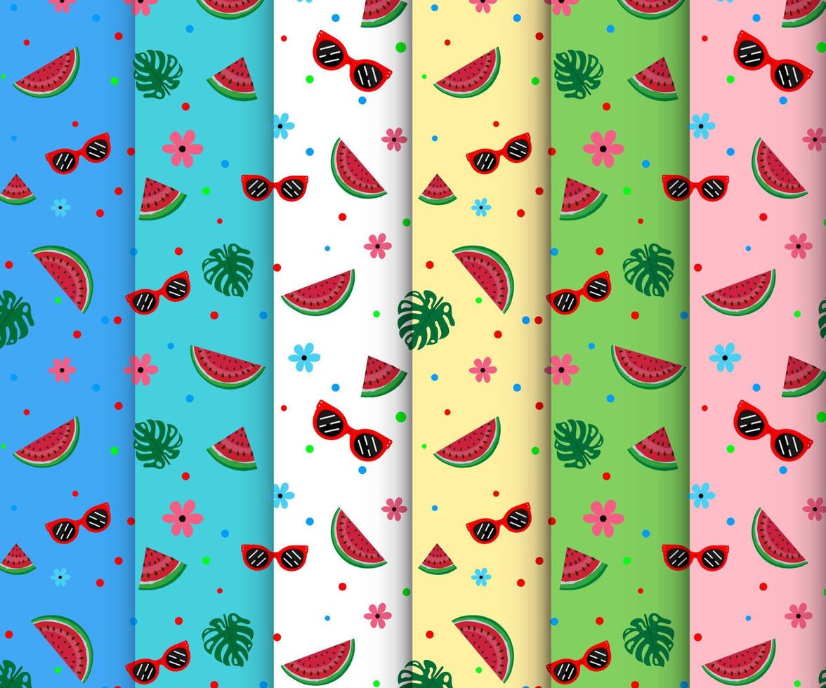 summer pattern vector element. summer seamless pattern with watermelon, sunglass, Monstera leaf Vector illustration