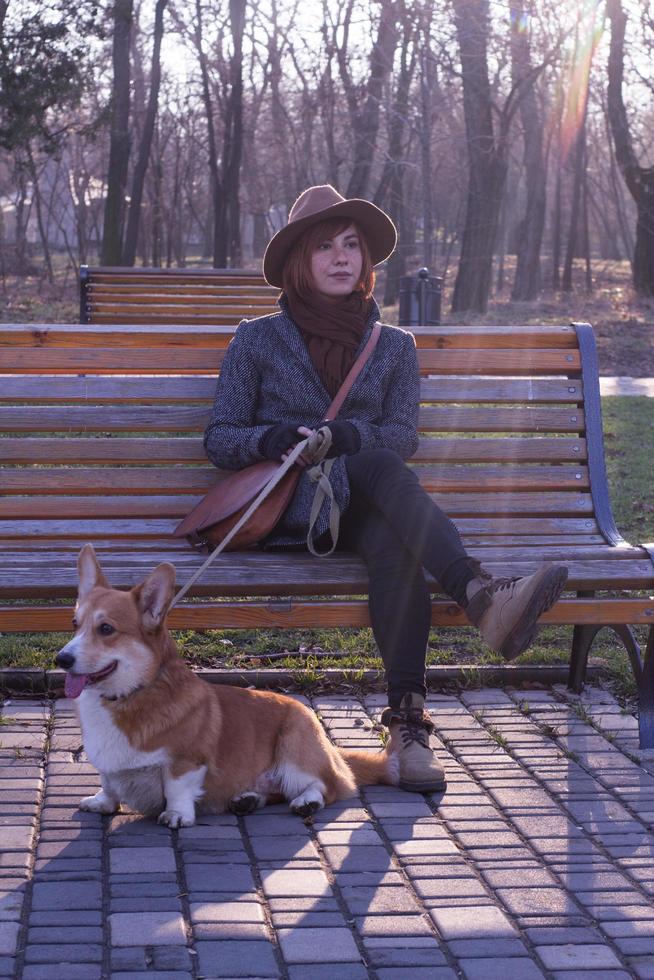 young woman in hat in park walk with cute corgi dog, sunny autumn day photo