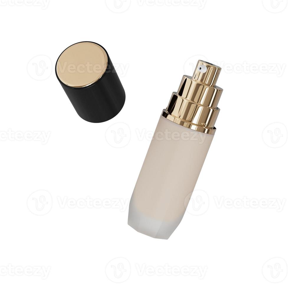 Bottles of makeup foundation flying in the air on White background 3D realistic transparent bottle 3d illustration photo