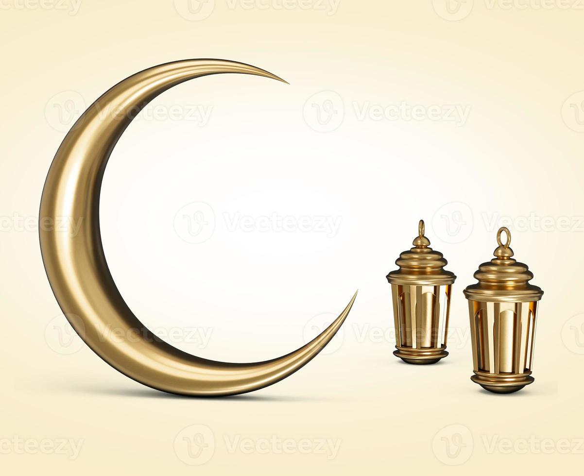 Eid Mubarak islamic design crescent moon and Gold Lantern 3d illustration photo