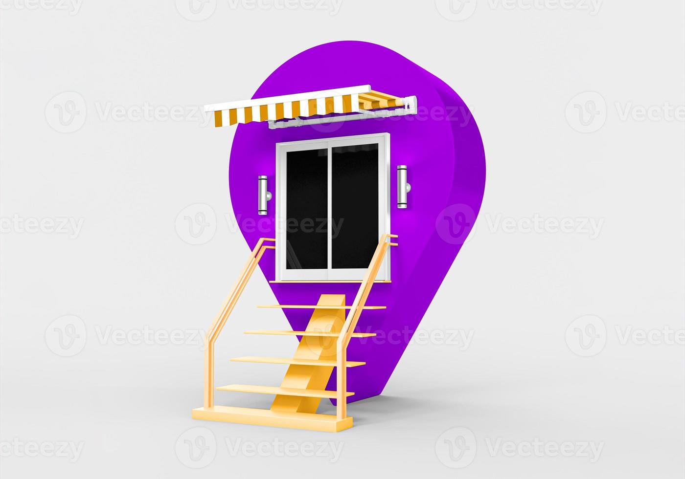 Purple pin location shop exterior on white background. fashion store building exterior 3d illustration photo