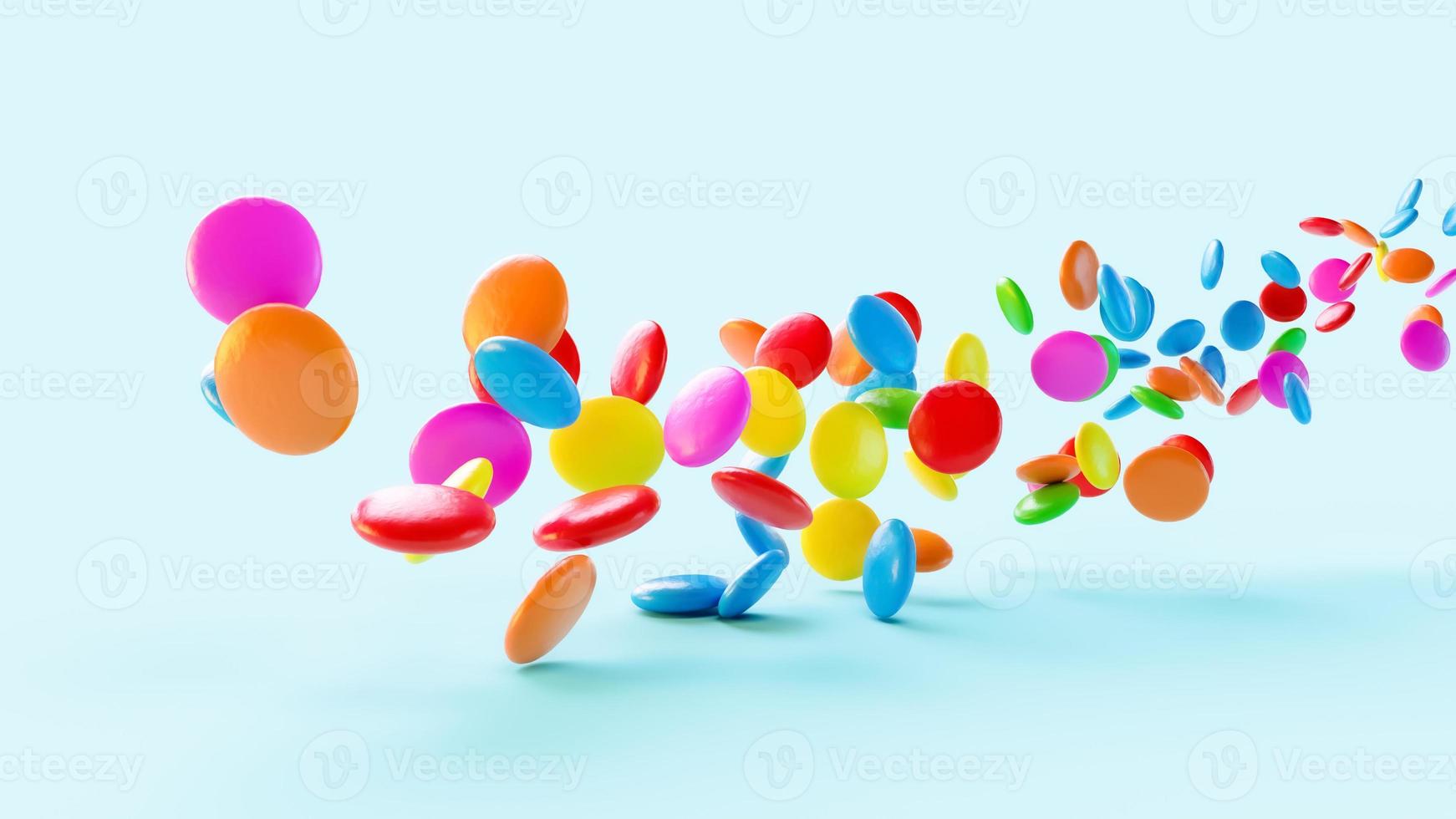 Colorful Chocolate coated Candies flowing in the air sky blue background. Copy space 3d rendering 3d illustration photo