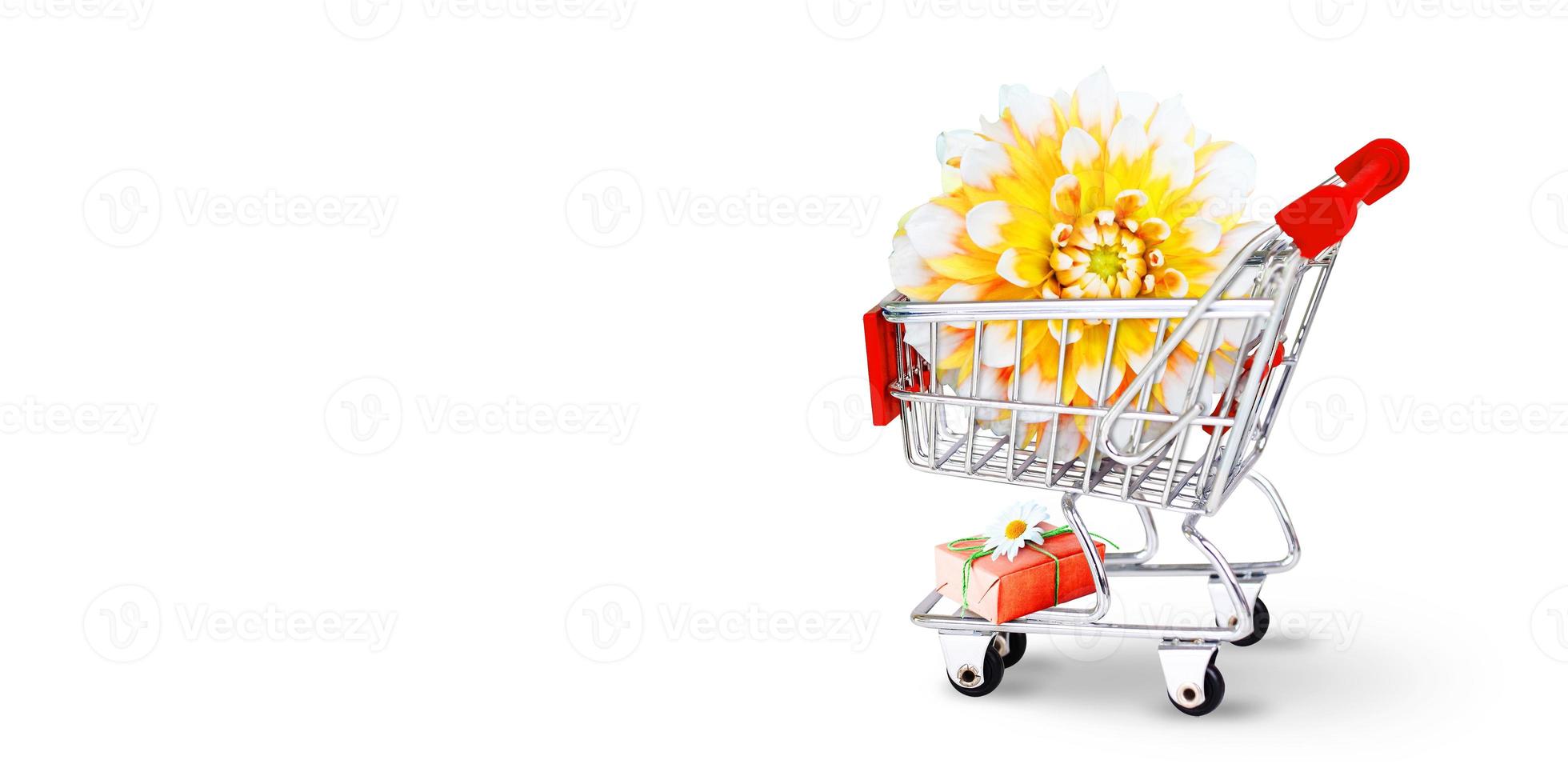 Mini shopping cart with colorful flowers and butterflies. photo