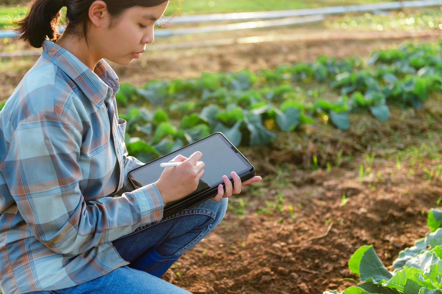 una mujer asiática usa una tableta para verificar la información sobre el cultivo de vegetales en el jardín foto