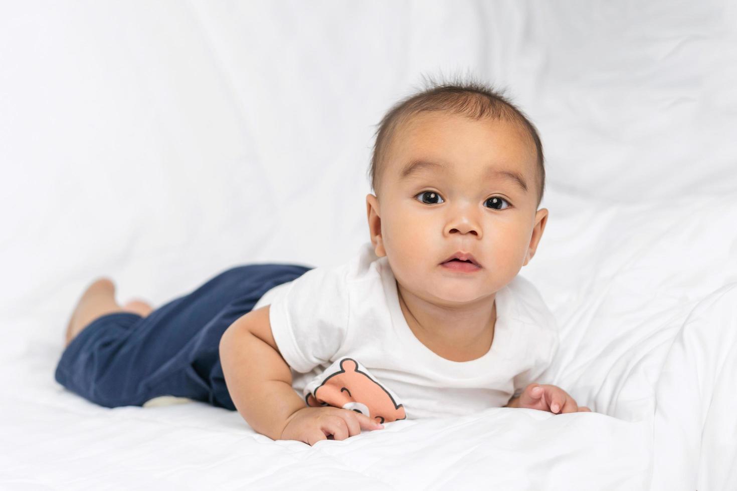 asian cute baby boy in bedroom with looking at camera 7449075 Stock ...