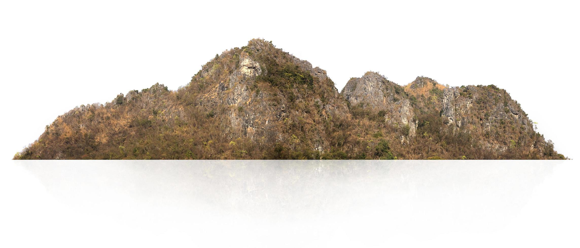 colina de montaña rocosa con bosque verde aislado sobre fondo blanco foto