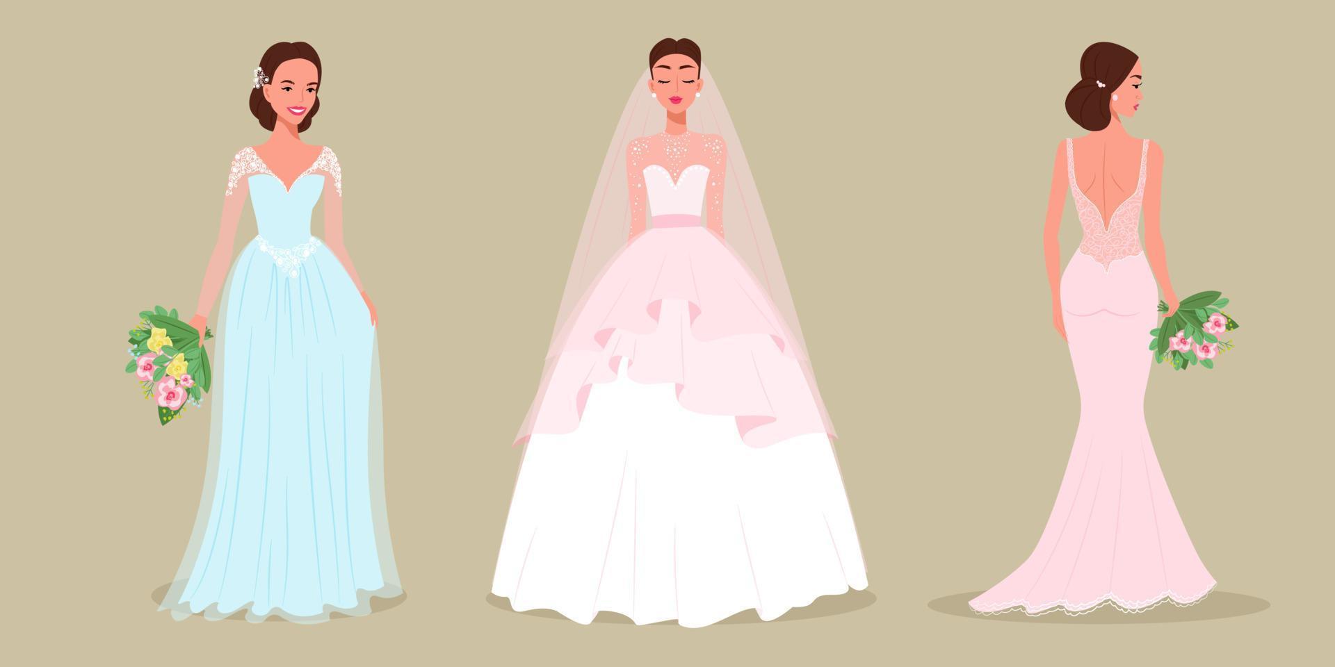 Brides in lush wedding dresses set, women in evening dresses, vector illustration