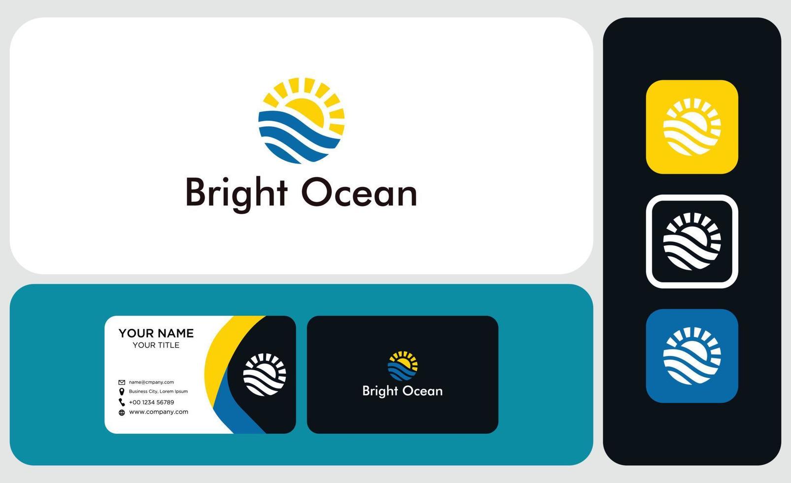 Modern ocean and sun icon, logo and business card template vector