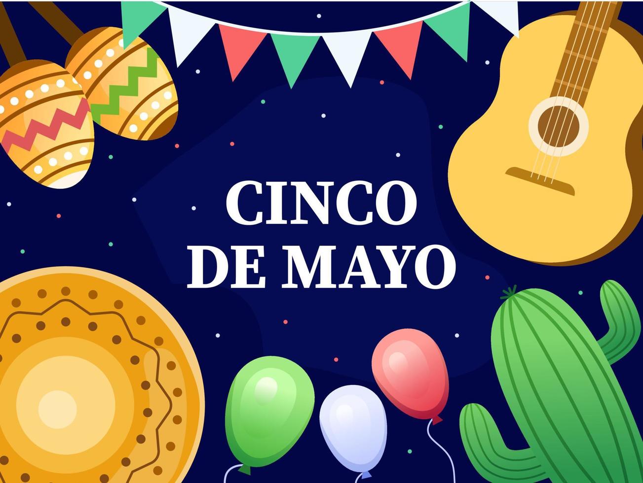 Cinco de Mayo Card Design with Guitar, sombrero, maracas, cactus, balloon, and hanging party flag on dark background. Can be used for greeting card, invitation, poster, postcard, etc. vector